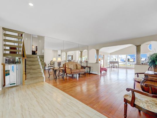 Dining room, Interior, Living room, Recessed Lighting, Wood Texture Flooring