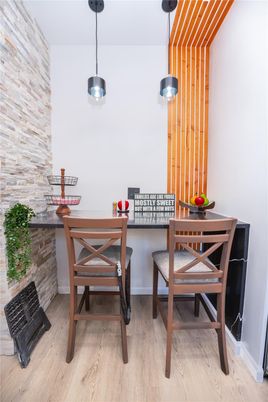Dining room, Interior, Pendant Lights, Stone Walls, Wood Texture Flooring