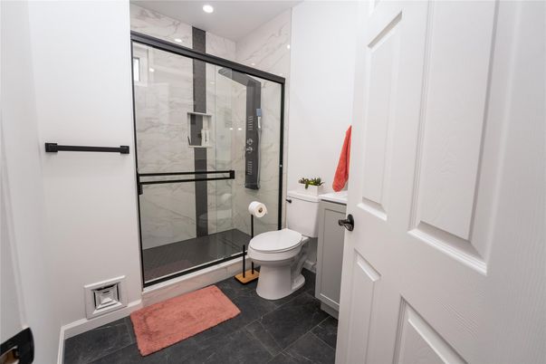 Bathroom, Glass Shower, Interior, Marble Walls, Recessed Lighting