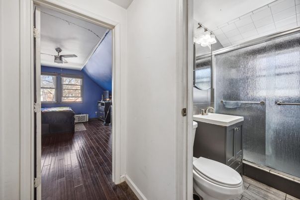 Bathroom, Glass Shower, Interior, Wood Texture Flooring