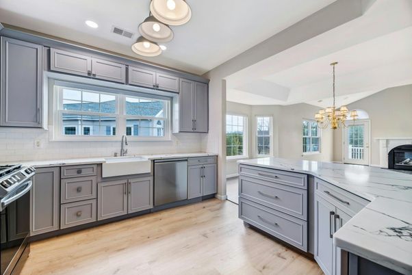 Chandelier, Interior, Kitchen, Pendant Lights, Recessed Lighting, Stainless Steel Appliances, Wood Texture Flooring