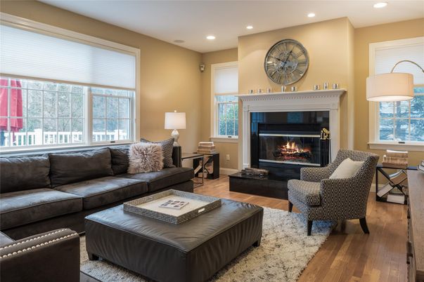 Fireplace, Interior, Living room, Recessed Lighting, Wood Texture Flooring