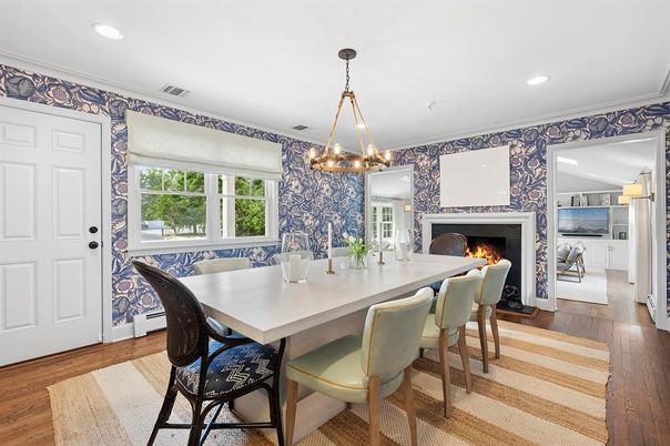 Dining room, Fireplace, Interior, Pendant Lights, Recessed Lighting, Wood Texture Flooring