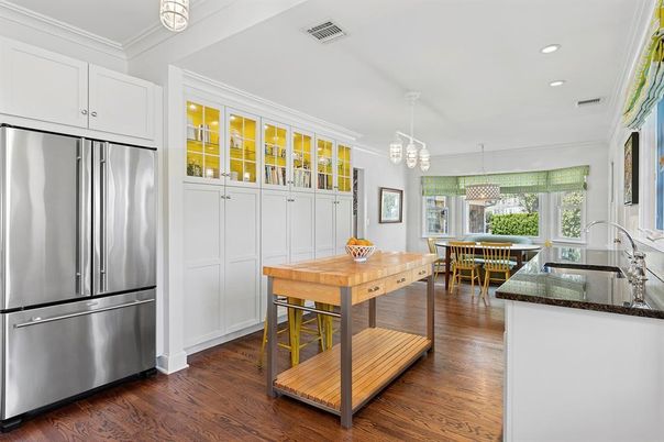 Dining room, Interior, Kitchen, Pendant Lights, Recessed Lighting, Stainless Steel Appliances, Wood Texture Flooring