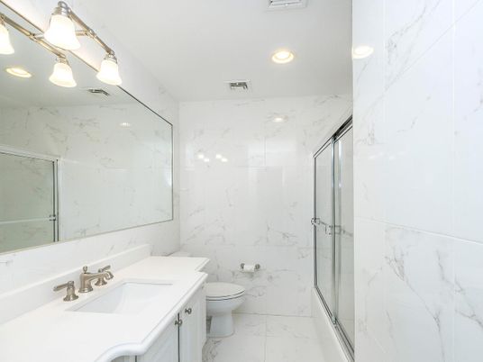 Bathroom, Glass Shower, Interior, Marble, Marble Walls, Recessed Lighting