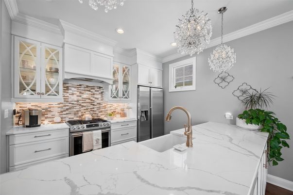 Chandelier, Interior, Kitchen, Recessed Lighting, Stainless Steel Appliances, Wood Texture Flooring