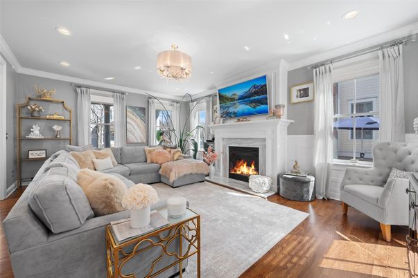 Chandelier, Fireplace, Interior, Living room, Recessed Lighting, Wood Texture Flooring