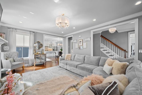 Chandelier, Interior, Living room, Recessed Lighting, Wood Texture Flooring