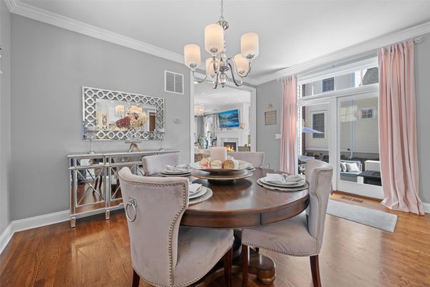 Chandelier, Dining room, Fireplace, Interior, Wood Texture Flooring