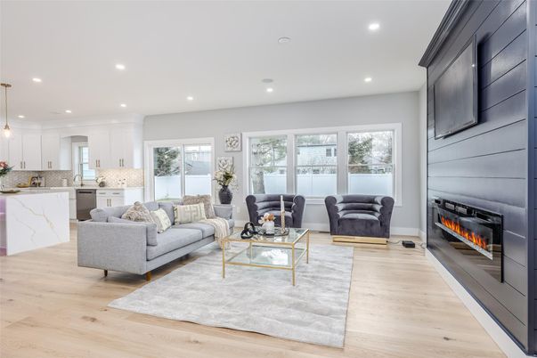 Fireplace, Interior, Kitchen, Living room, Pendant Lights, Recessed Lighting, Wood Texture Flooring
