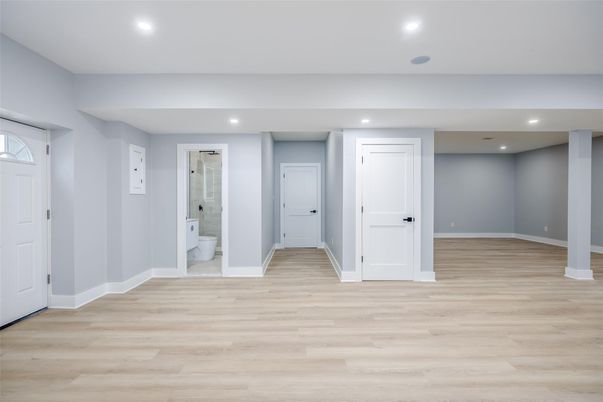Bathroom, Empty room, Interior, Recessed Lighting, Wood Texture Flooring
