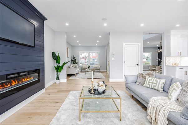 Fireplace, Interior, Living room, Pendant Lights, Recessed Lighting, Wood Texture Flooring