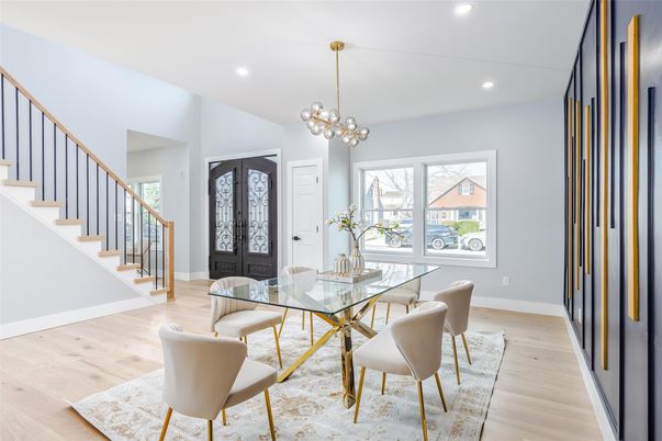 Dining room, Interior, Pendant Lights, Recessed Lighting, Wood Texture Flooring