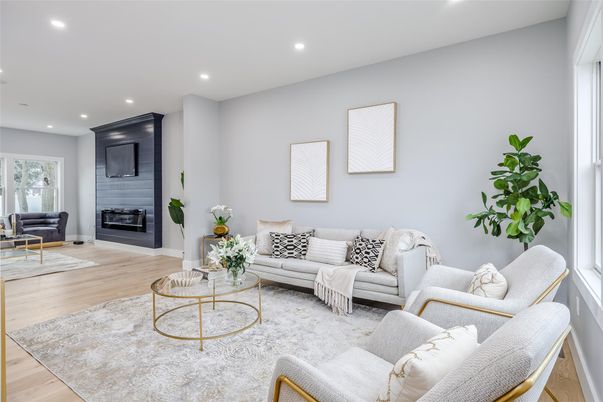 Fireplace, Interior, Living room, Recessed Lighting, Wood Texture Flooring