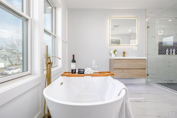 Bathroom, Free Standing Baths, Glass Shower, Interior, Marble, Marble Walls