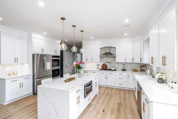 Interior, Kitchen, Pendant Lights, Recessed Lighting, Stainless Steel Appliances, Wood Texture Flooring