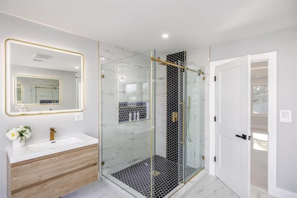 Bathroom, Glass Shower, Interior, Marble, Marble Walls, Recessed Lighting