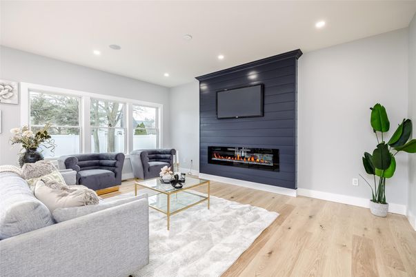 Fireplace, Interior, Living room, Recessed Lighting, Wood Texture Flooring