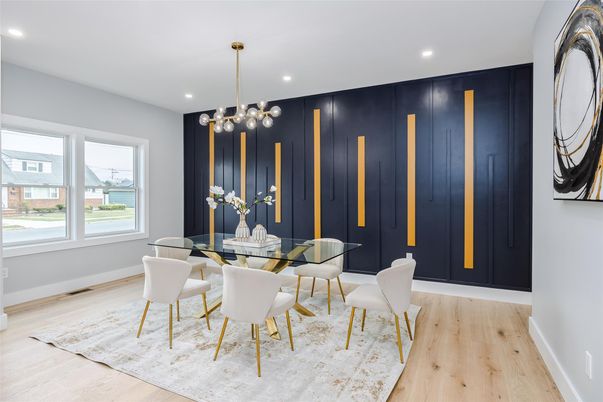 Dining room, Interior, Pendant Lights, Recessed Lighting, Wood Texture Flooring
