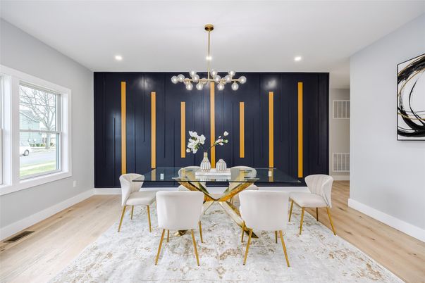 Dining room, Interior, Pendant Lights, Recessed Lighting, Wood Texture Flooring