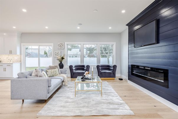 Fireplace, Interior, Living room, Recessed Lighting, Wood Texture Flooring