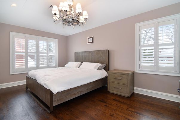Bedroom, Chandelier, Interior, Recessed Lighting, Wood Texture Flooring