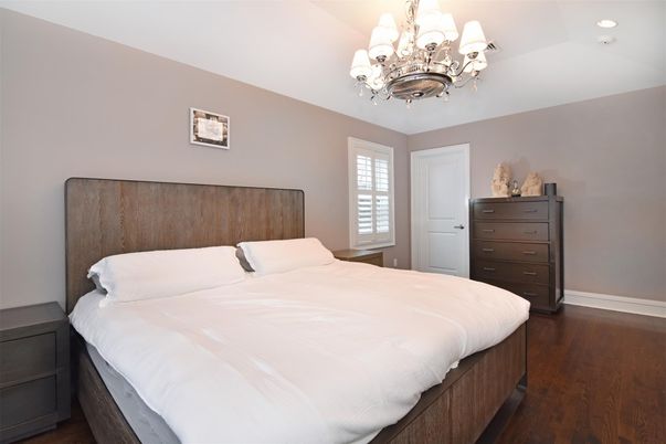 Bedroom, Chandelier, Interior, Recessed Lighting, Wood Texture Flooring
