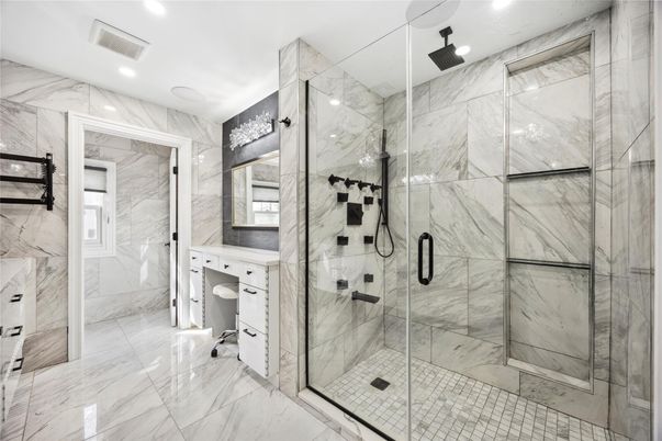 Bathroom, Glass Shower, Interior, Marble, Marble Walls, Recessed Lighting