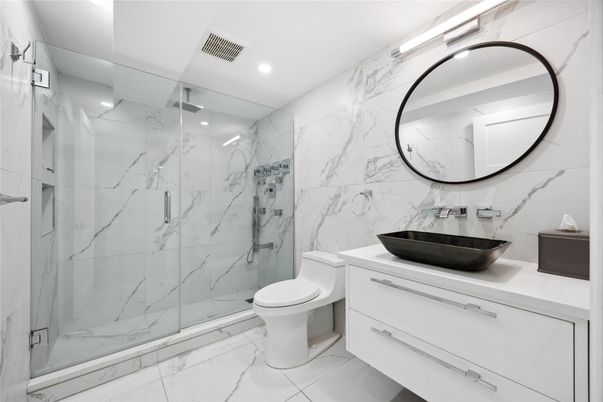 Bathroom, Glass Shower, Interior, Marble, Marble Walls, Recessed Lighting
