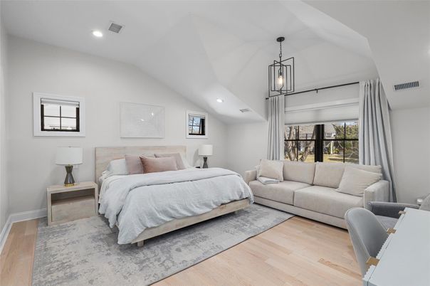 Bedroom, Interior, Pendant Lights, Recessed Lighting, Wood Texture Flooring