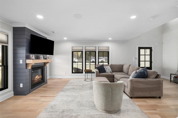 Fireplace, Interior, Living room, Recessed Lighting, Wood Texture Flooring