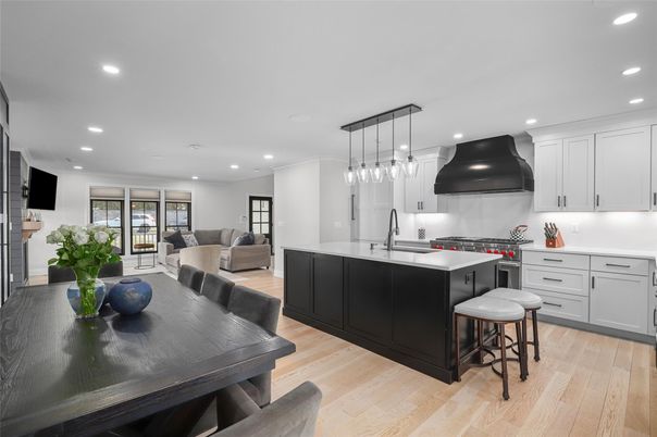 Dining room, Interior, Kitchen, Living room, Pendant Lights, Recessed Lighting, Stainless Steel Appliances, Wood Texture Flooring