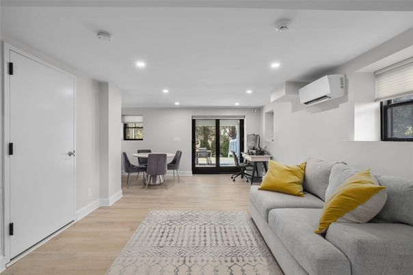Dining room, Interior, Living room, Recessed Lighting, Wood Texture Flooring