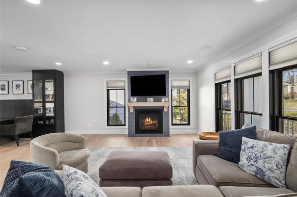 Fireplace, Interior, Living room, Recessed Lighting, Wood Texture Flooring