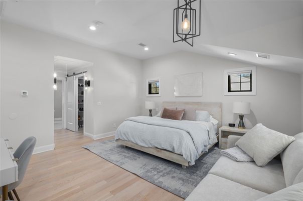 Bedroom, Interior, Pendant Lights, Recessed Lighting, Wood Texture Flooring