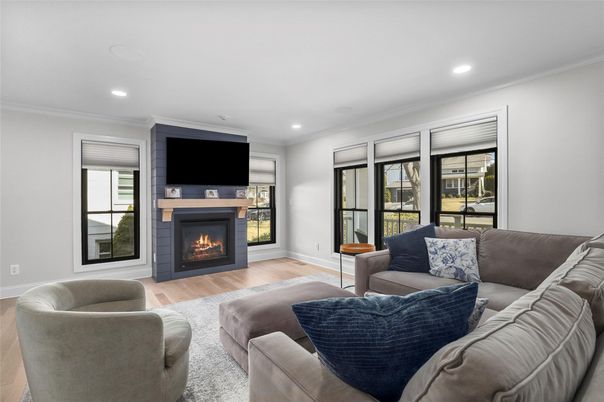 Fireplace, Interior, Living room, Recessed Lighting, Wood Texture Flooring