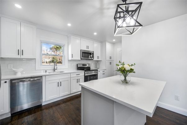 Interior, Kitchen, Pendant Lights, Recessed Lighting, Stainless Steel Appliances, Wood Texture Flooring