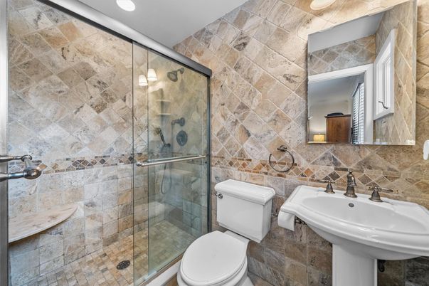 Bathroom, Glass Shower, Interior, Recessed Lighting, Stone Walls