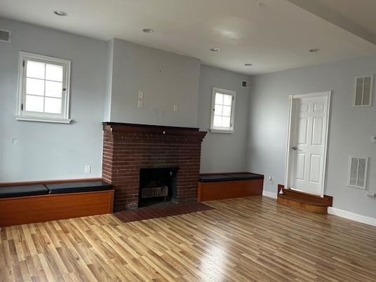 Empty room, Fireplace, Interior, Recessed Lighting, Wood Texture Flooring