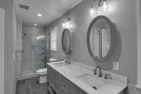 Bathroom, Dual Sink Vanities, Glass Shower, Interior, Recessed Lighting