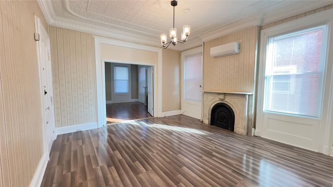 Chandelier, Empty room, Fireplace, Interior, Pendant Lights, Wood Texture Flooring