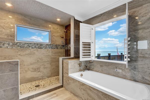 Bathroom, Glass Shower, Interior, Marble Walls, Recessed Lighting, Water
