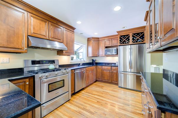 Interior, Kitchen, Recessed Lighting, Stainless Steel Appliances, Wood Texture Flooring