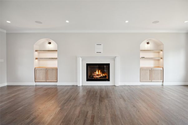 Empty room, Fireplace, Interior, Recessed Lighting, Wood Texture Flooring