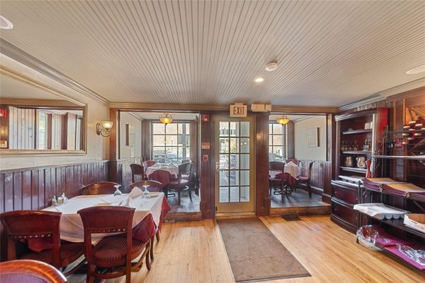 Dining room, Interior, Recessed Lighting, Wood Texture Flooring