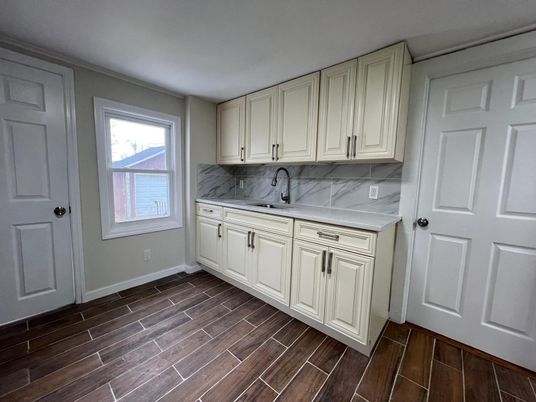 Interior, Kitchen, Marble Walls, Wood Texture Flooring
