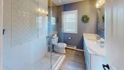 Bathroom, Glass Shower, Interior, Recessed Lighting, Wood Texture Flooring