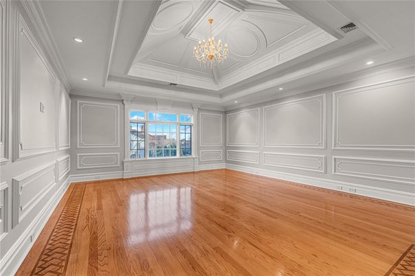 Chandelier, Empty room, Interior, Recessed Lighting, Wood Texture Flooring