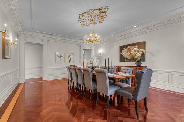 Chandelier, Dining room, Interior, Recessed Lighting, Wood Texture Flooring
