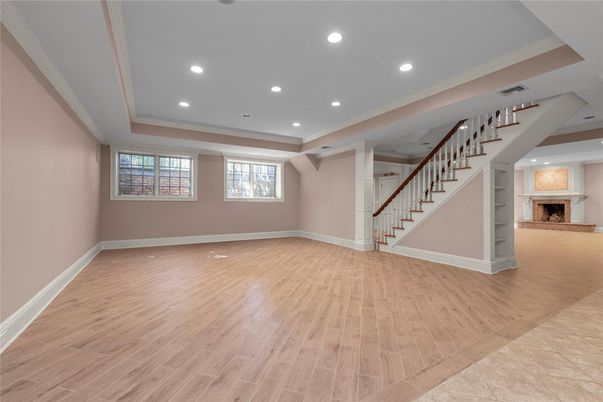 Empty room, Fireplace, Interior, Recessed Lighting, Wood Texture Flooring
